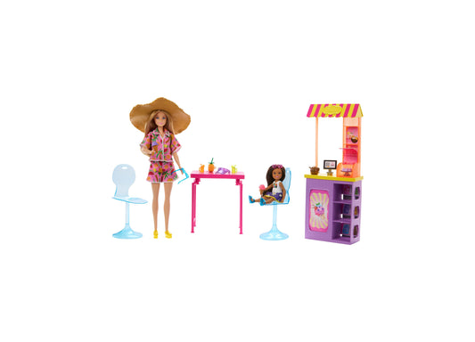 Barbie & Chelsea Summer Vacation Beach Shack Snack Stand Playset with 2 dolls, pink and yellow stand, table, chairs, ...