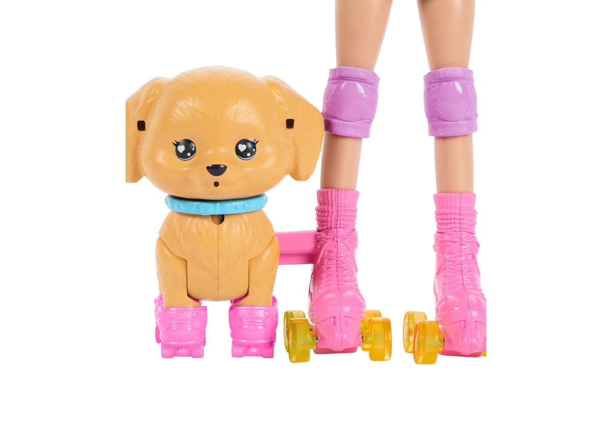Barbie Skate and Run Pup Fashion Doll with golden puppy, both wearing pink roller skates and matching accessories
