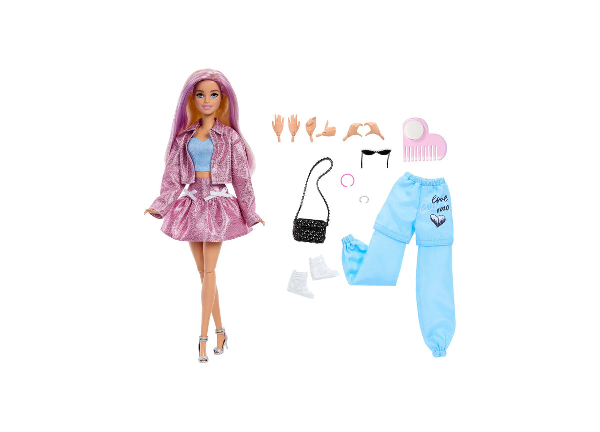 Barbie Deluxe Style 11" Fashion Doll with purple hair, pink jacket and skirt, shown with interchangeable hands, blue ...