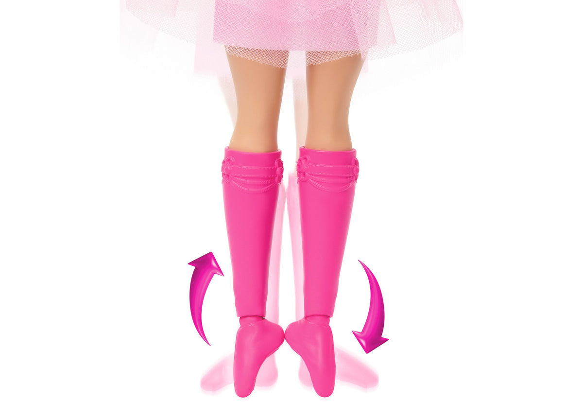 Barbie in the Nutcracker Daisy ballerina doll wearing pink tutu and leg warmers with articulated ankle feet