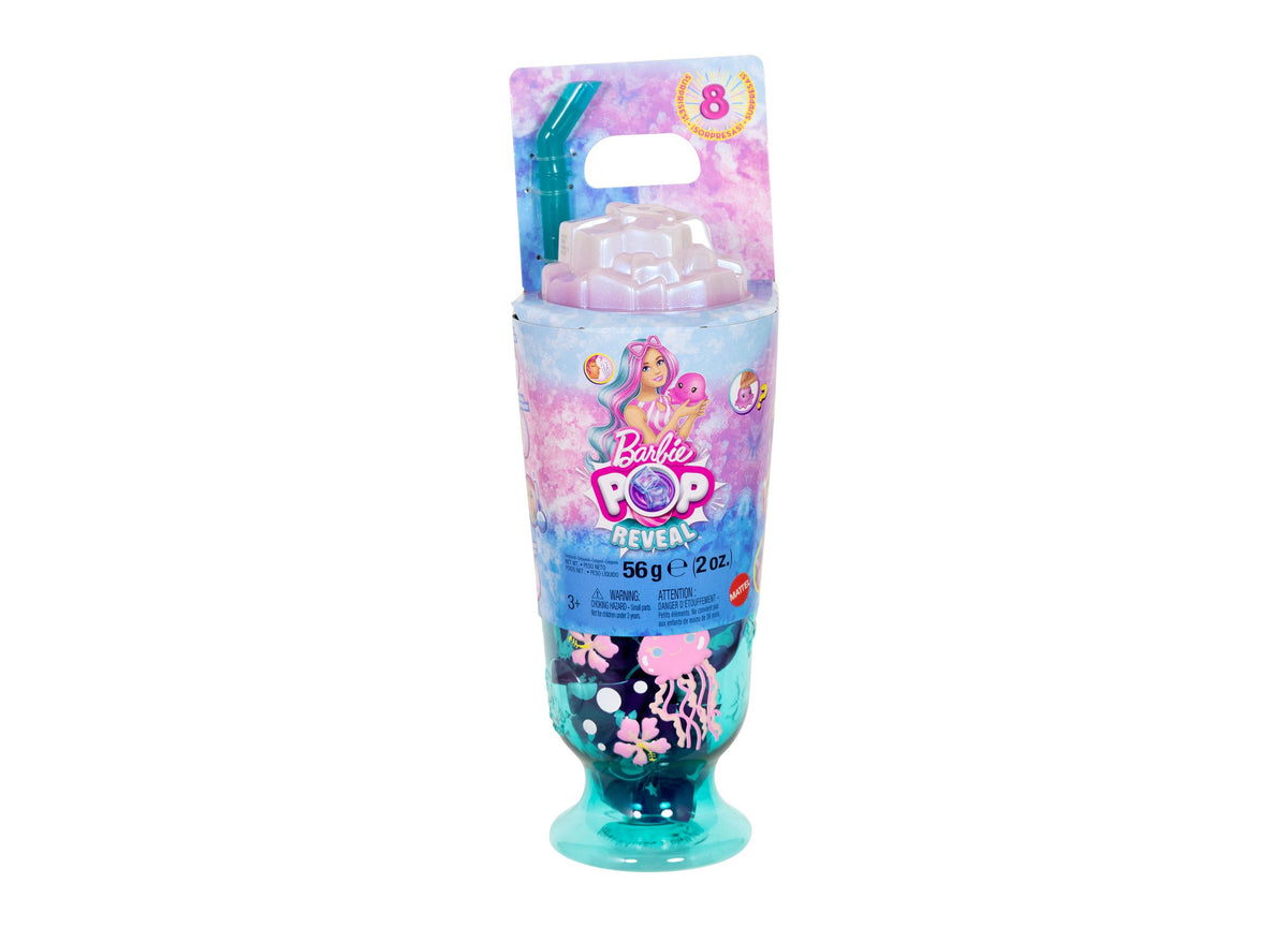Barbie Pop Reveal Sea Slushy Series doll in turquoise tube packaging with purple gradient design and character artwork