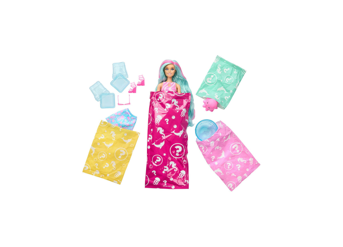 Barbie Pop Reveal Sea Slushy doll with color-change hair, surrounded by themed accessories in pink, yellow, and mint ...