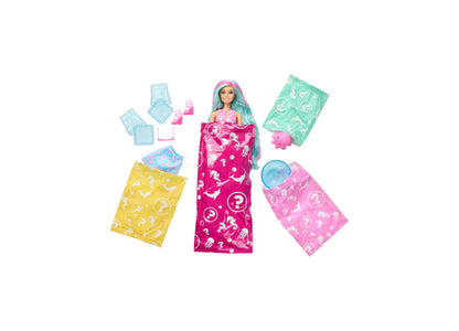 Barbie Pop Reveal Sea Slushy doll with color-change hair, surrounded by themed accessories in pink, yellow, and mint ...