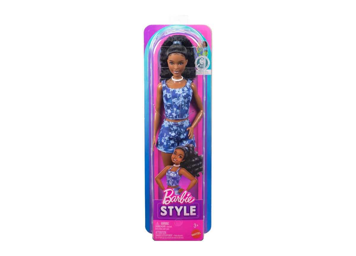 Barbie Fashionistas Style #248 doll in blue floral outfit with wavy hair and pearl choker, shown in packaging