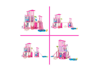 Barbie DreamHouse 3-Story Dollhouse with pink exterior, 2 pools, 2 slides, and working elevator