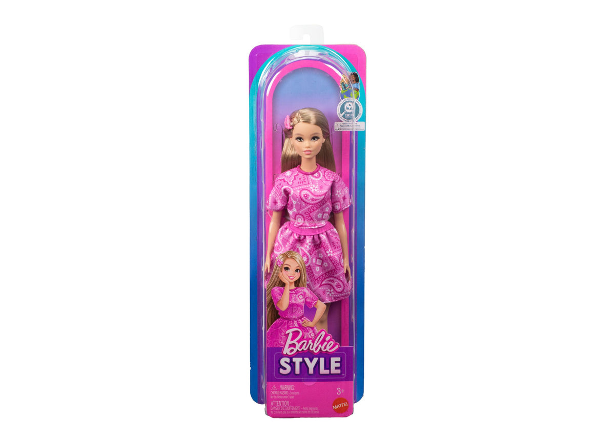 Barbie Fashionistas doll in pink bandana-print dress with matching accessories, displayed in colorful packaging