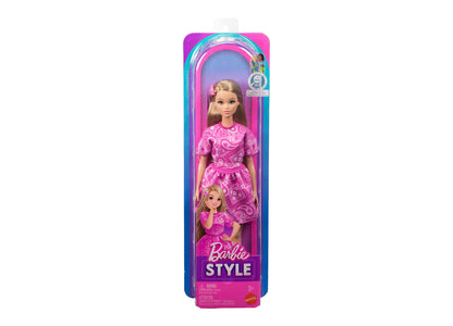 Barbie Fashionistas doll in pink bandana-print dress with matching accessories, displayed in colorful packaging