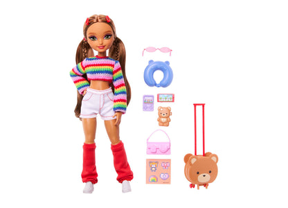Barbie Dream Besties Weekend Getaway Teresa doll with rainbow striped top, white shorts, red leg warmers, plus 7 trav...