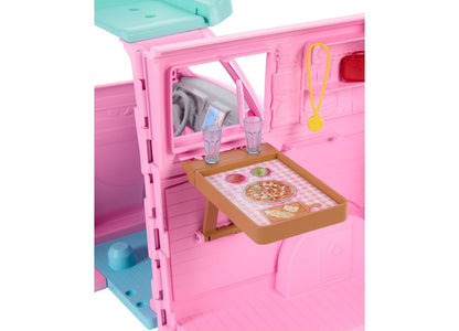 Barbie Dream Land Road Trip Camper playset in pink with open kitchen window, dropdown table with pizza design, and tw...