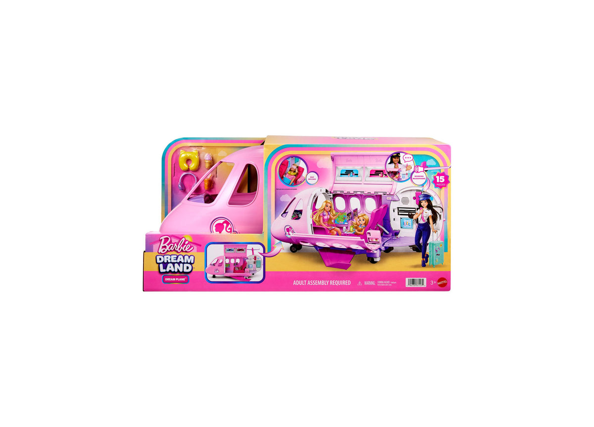 Barbie Dream Plane 15-piece airplane playset in pink and purple with working microphone, featuring three play areas a...