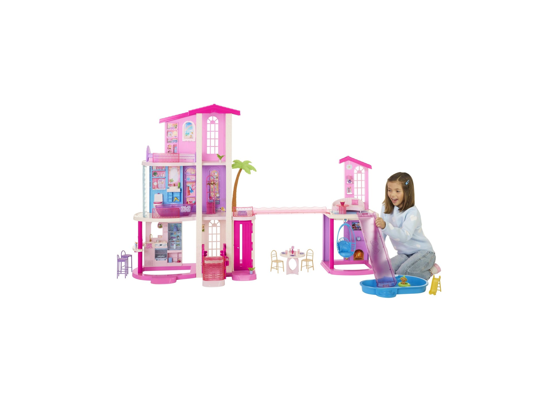Barbie DreamHouse 3-story pink dollhouse with 2 pools, slides, elevator, and 65+ pieces