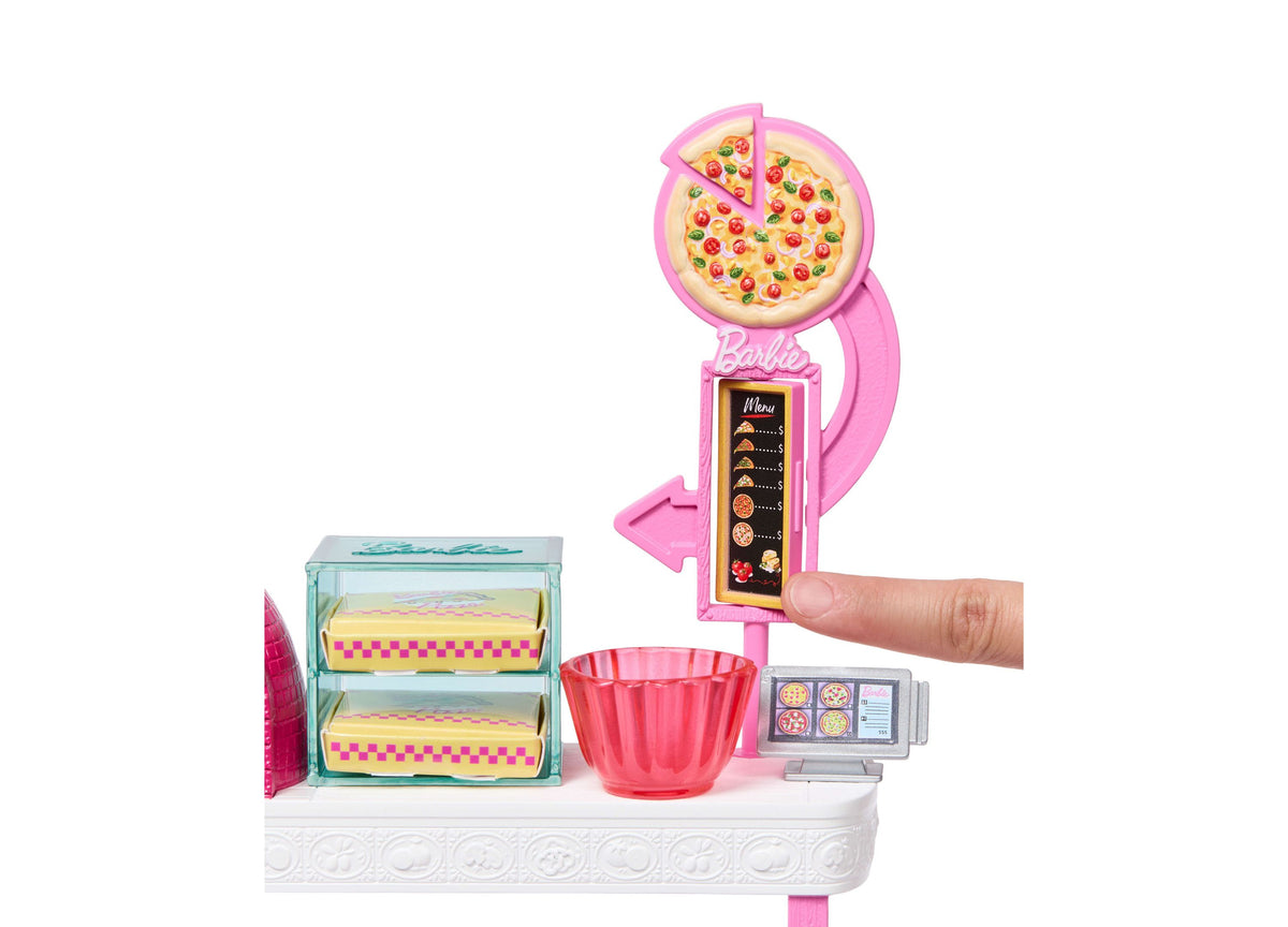 Barbie Pizza Shop playset with pink pizza oven, counter, display case, register, and accessories