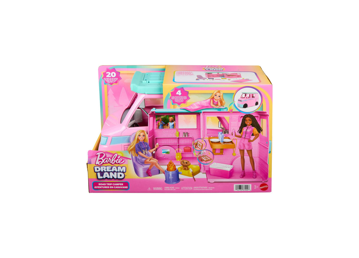 Barbie Dream Land Road Trip Camper 20-piece playset with pink camper van, puppy, and accessories
