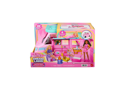 Barbie Dream Land Road Trip Camper 20-piece playset with pink camper van, puppy, and accessories