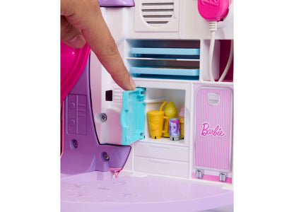 Barbie Dream Plane 15-Piece Airplane Playset with pink and purple airplane, open door showing yellow snack trays and ...