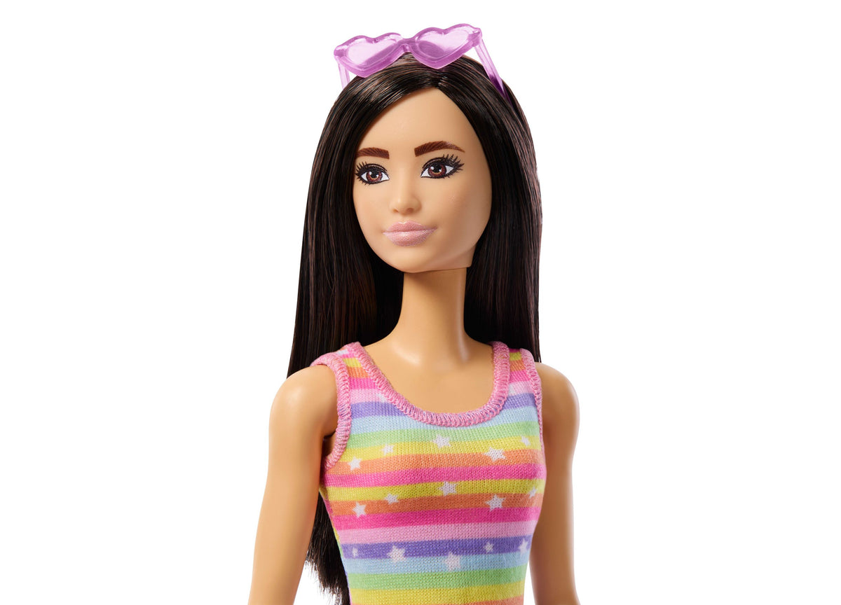 Barbie Skate and Run fashion doll with long black hair, purple heart-shaped sunglasses, and rainbow striped tank top