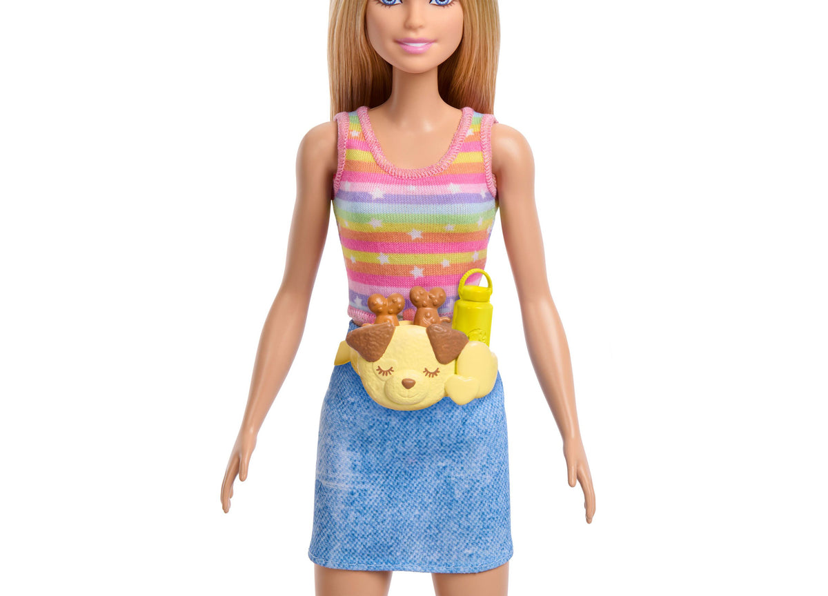 Barbie Skate and Run Pup Fashion Doll with brown hair wearing colorful striped tank top and blue skirt, holding puppy...