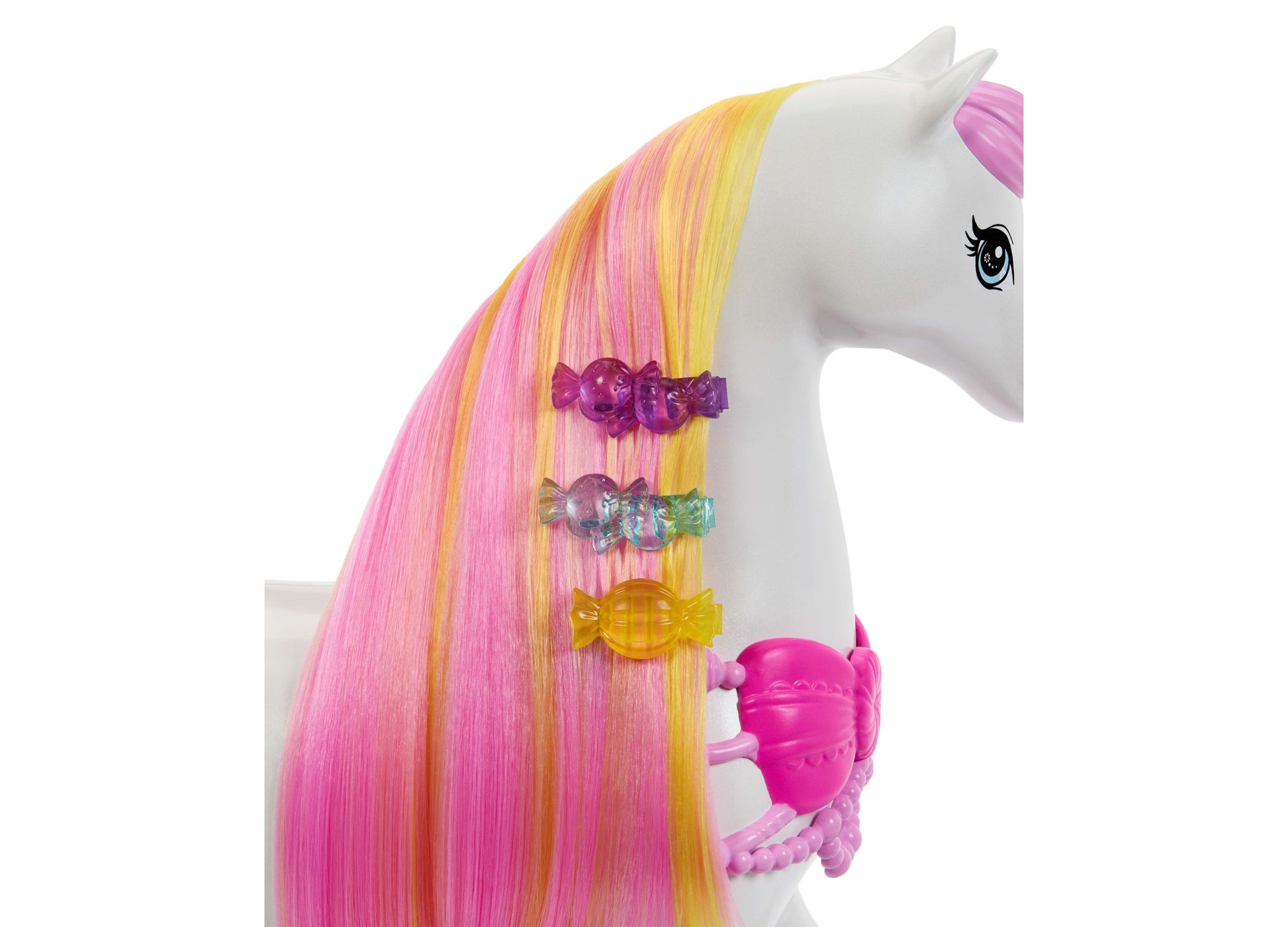 Barbie Nutcracker Horse with pink and yellow mane, hair clips, and accessories