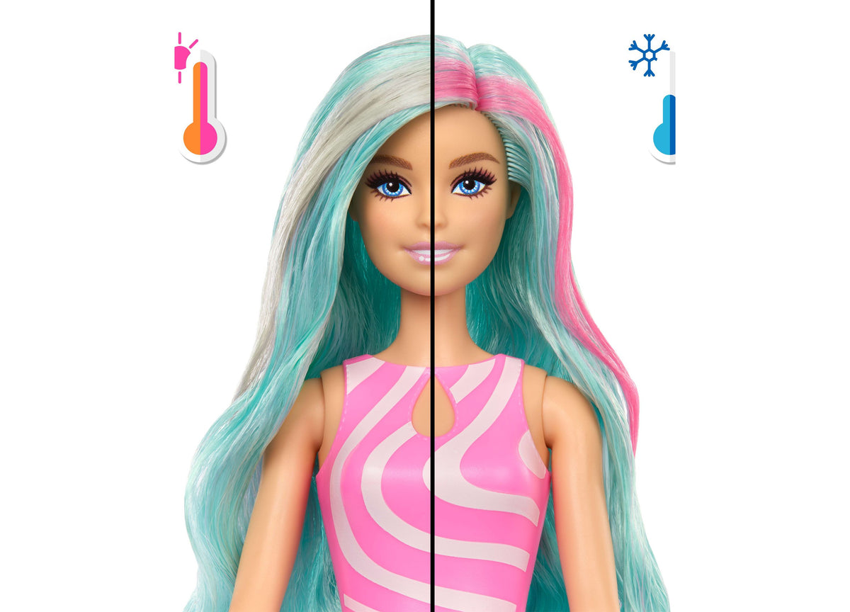 Barbie Pop Reveal Sea Slushy doll with color-change hair in turquoise and pink, wearing pink striped top