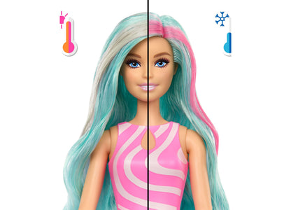 Barbie Pop Reveal Sea Slushy doll with color-change hair in turquoise and pink, wearing pink striped top