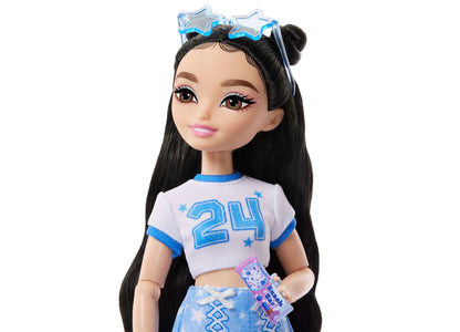 Barbie Dream Besties Renee doll with long black hair, blue star sunglasses, white and blue numbered shirt, and travel...