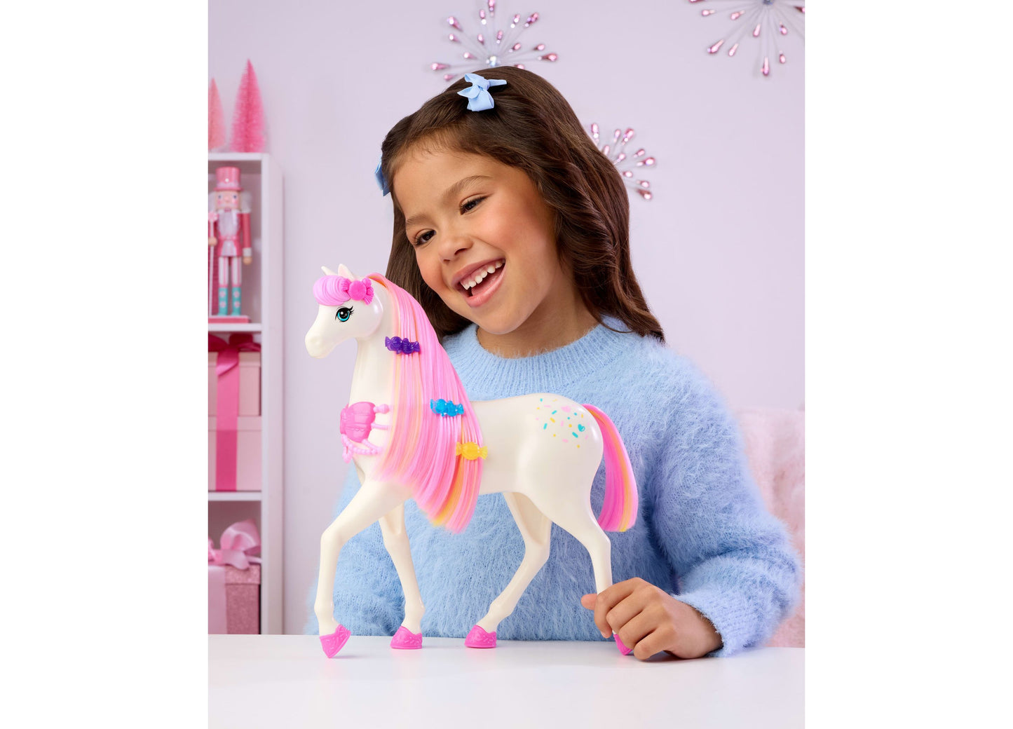 Barbie Nutcracker Horse with pink scented mane and colorful accessories, playset toy