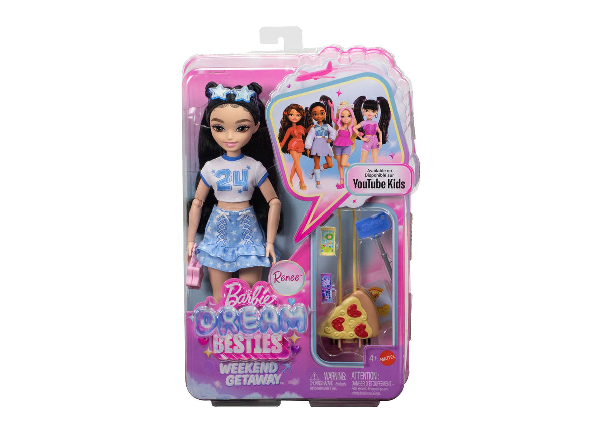Barbie Dream Besties Weekend Getaway Renee doll in blue skirt and numbered shirt with star headband, shown with trave...