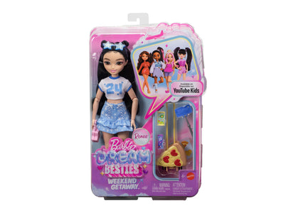 Barbie Dream Besties Weekend Getaway Renee doll in blue skirt and numbered shirt with star headband, shown with trave...