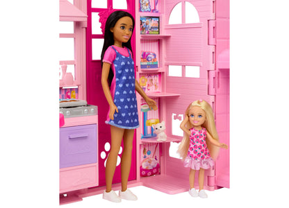 Barbie Weekend Escape Foldable Dollhouse with Barbie doll and kitten in pink four-room playset