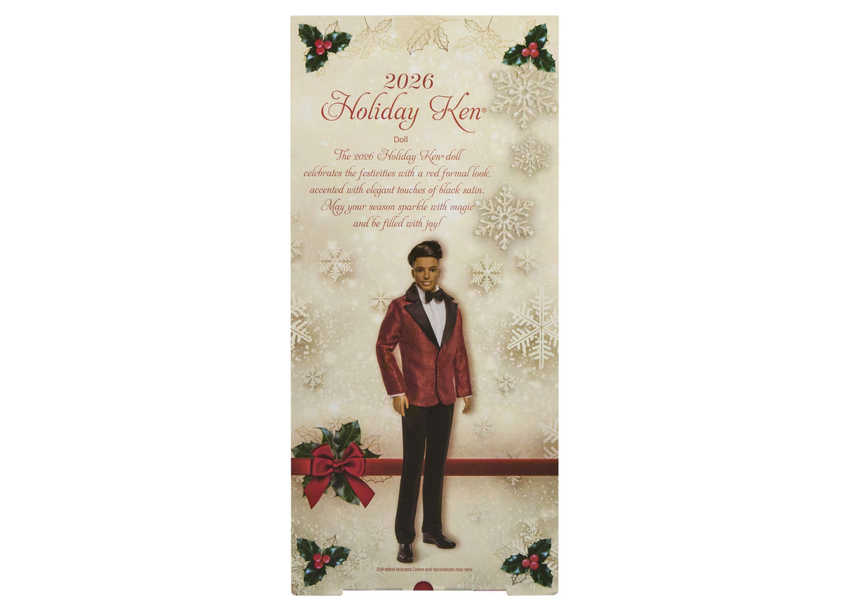 2026 Holiday Ken 13-inch collectible fashion doll wearing red jacket and black tuxedo pants