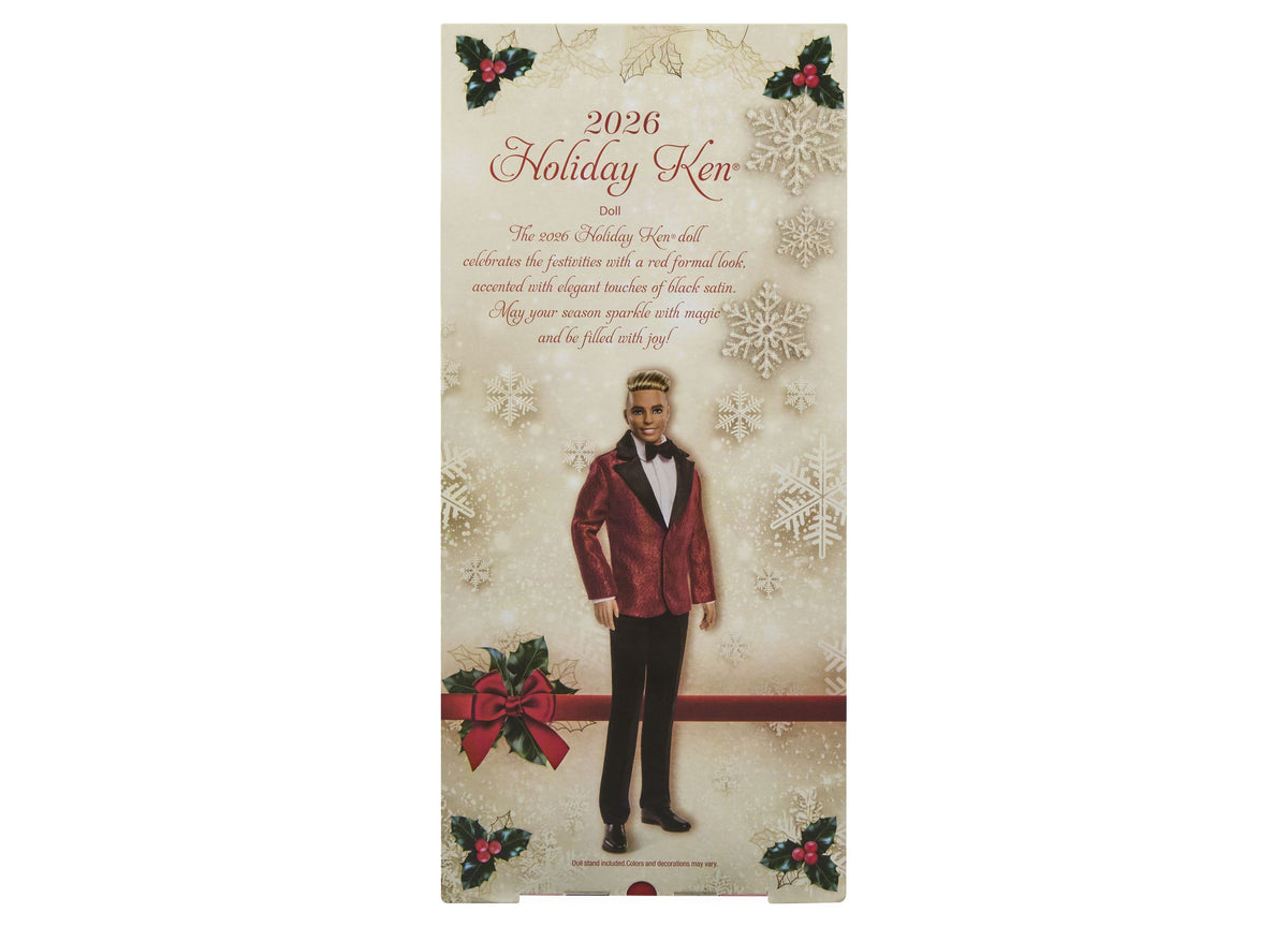 2026 Holiday Ken 13-inch collectible doll in red jacket and black pants with blonde hair