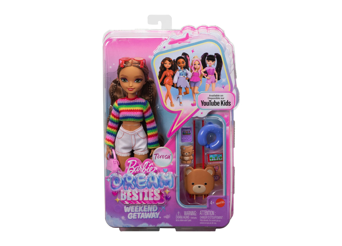 Barbie Dream Besties Weekend Getaway Teresa doll in rainbow striped sweater with accessories and suitcase