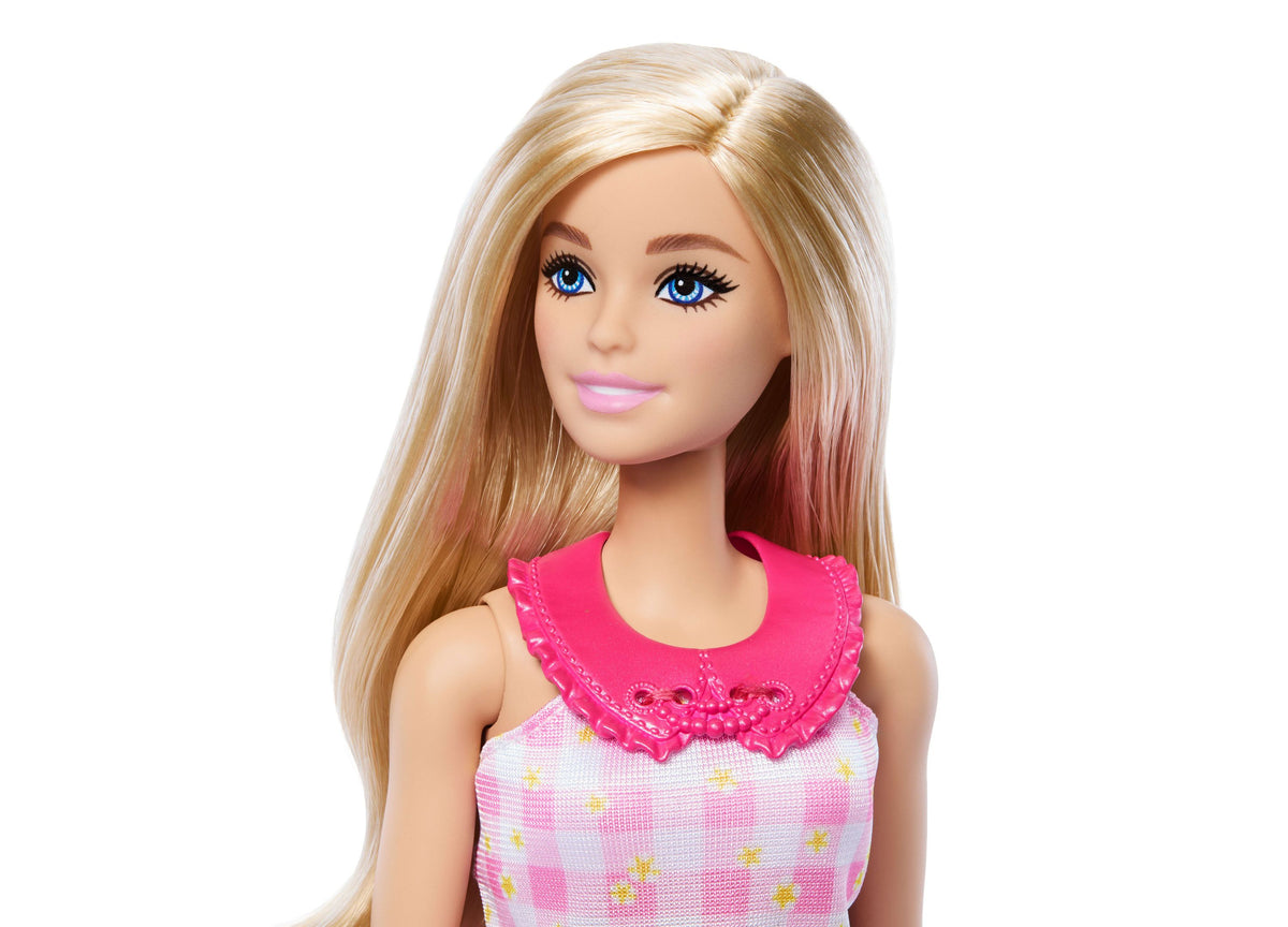 Barbie Easy to Dress 12.75" doll with long blonde hair, blue eyes, and pink lips wearing pink ruffle collar top with ...