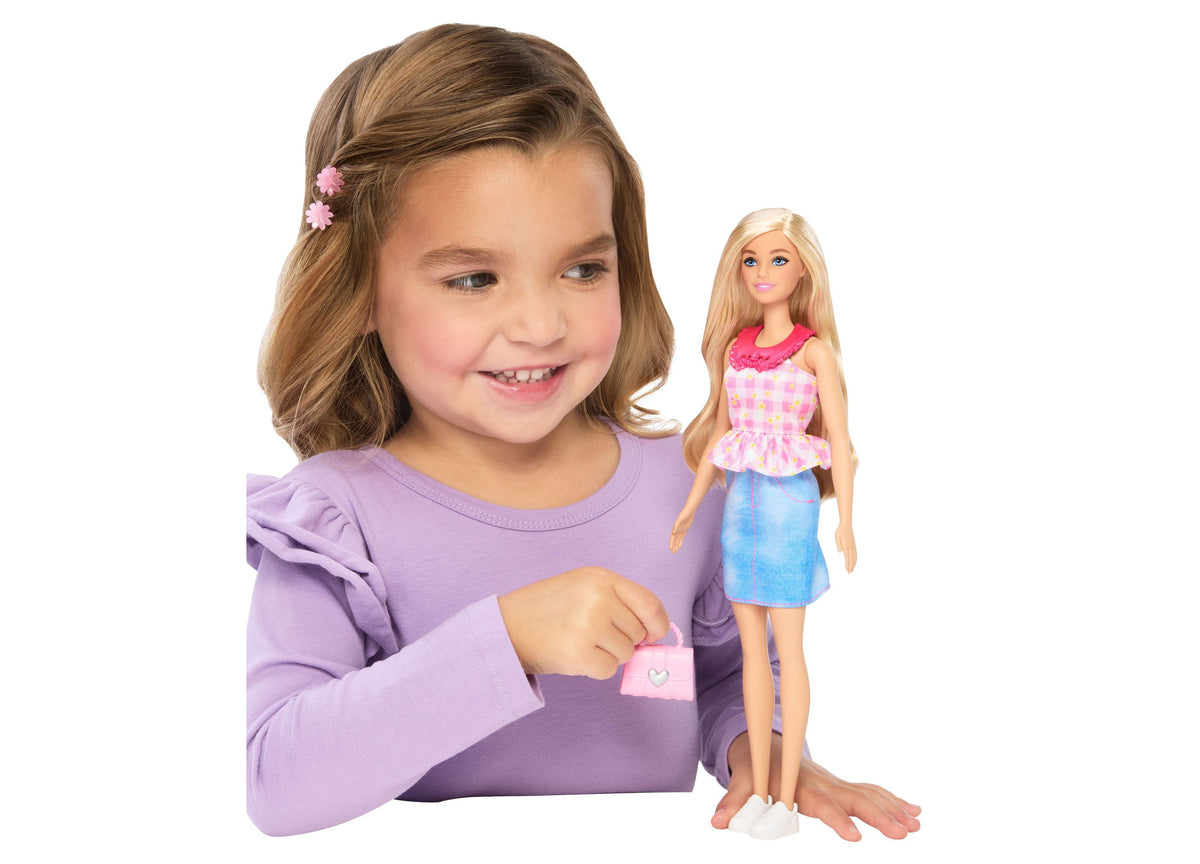 Barbie Easy to Dress 12.75" doll with blonde hair and pink flower clips, wearing pink checkered top and blue skirt, s...