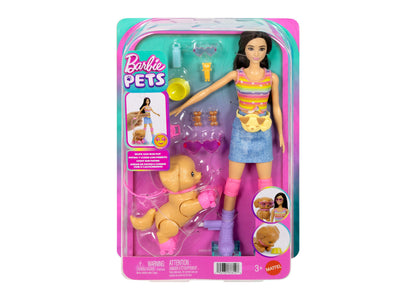 Barbie Skate and Run fashion doll with roller-skating puppy, roller skates, and pet care accessories in pink and turq...