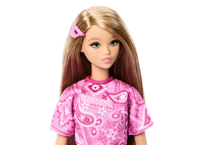 Barbie Fashionistas doll wearing pink bandana-print dress with hair clip