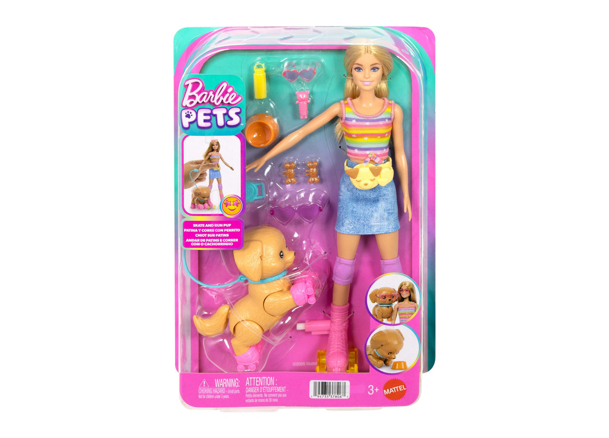 Barbie Skate and Run Pup Fashion Doll with blonde hair in colorful striped top and blue skirt, roller skates, knee pa...
