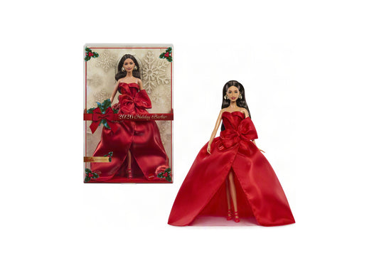 2026 Holiday Barbie doll in red gown with bow detail, shown in packaging and displayed separately