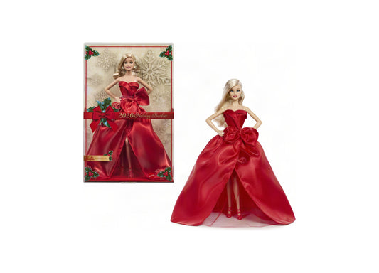 2026 Holiday Barbie doll in red strapless gown with bow detail and full skirt, shown in packaging and as standalone f...