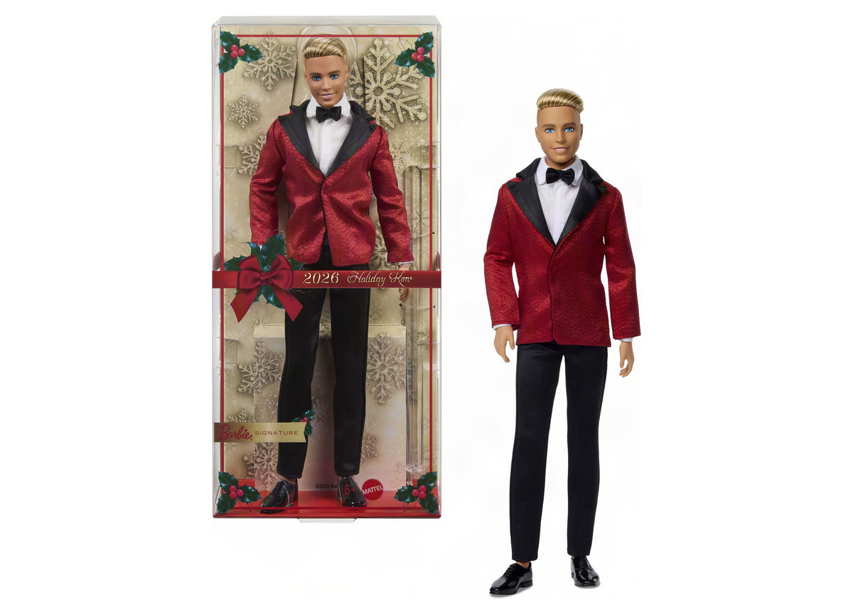 Barbie Signature 2026 Holiday Ken doll in red velvet blazer with black bow tie and pants