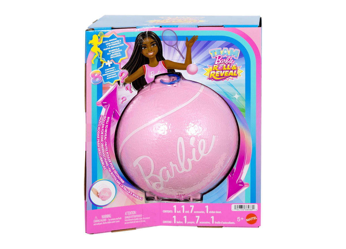 Barbie Team Barbie Roll & Reveal Tennis Player doll with brunette hair in pink outfit, shown with pink ball and acces...