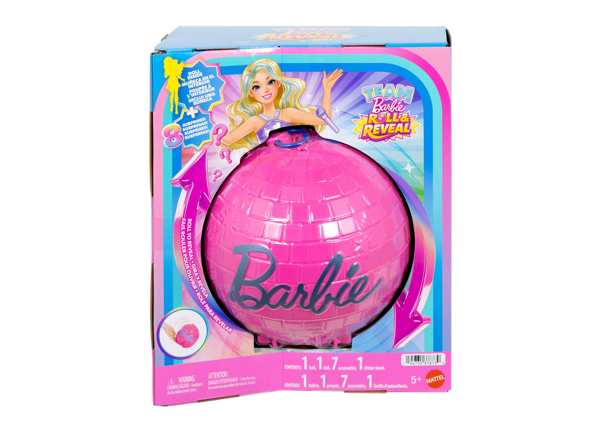 Barbie Roll & Reveal Pop Star doll in bright pink disco ball packaging with blonde doll figure shown on box