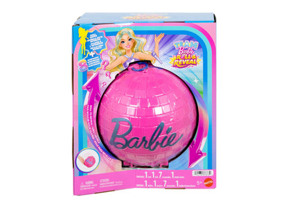 Barbie Roll & Reveal Pop Star doll in bright pink disco ball packaging with blonde doll figure shown on box