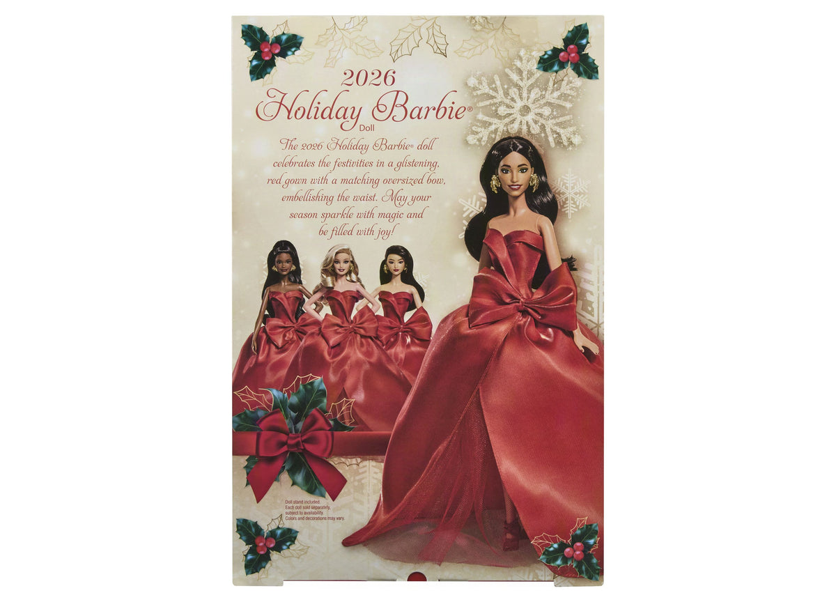 2026 Holiday Barbie doll wearing red gown with bow detail and long brown hair