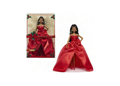 2026 Holiday Barbie 13-inch doll in red strapless gown with bow detail and full skirt, shown with packaging
