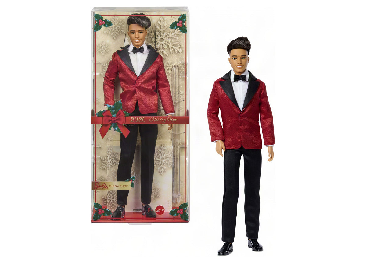 Barbie 2026 Holiday Ken 13-Inch Collectible Fashion Doll with black hair wearing red and black tuxedo