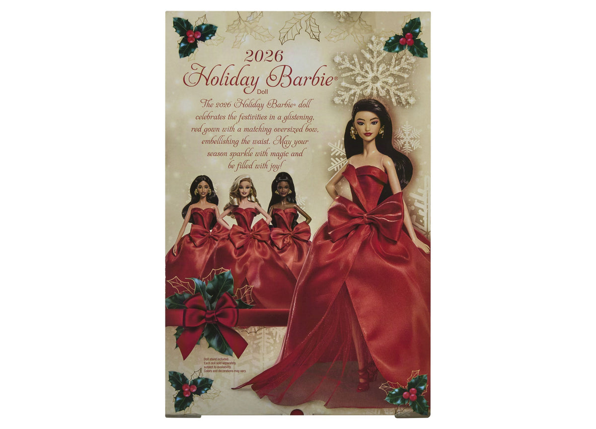 2026 Holiday Barbie Signature doll in red gown with bow, shown on festive packaging