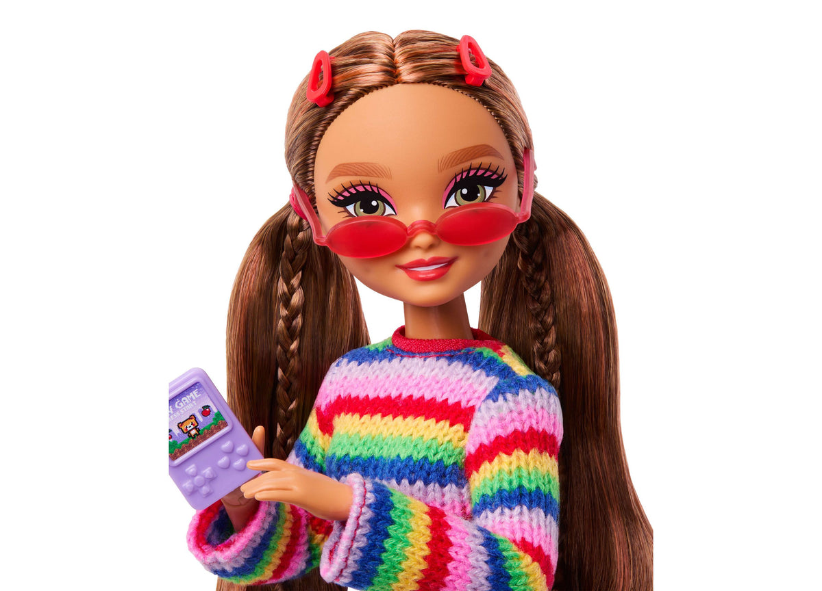 Barbie Dream Besties Weekend Getaway Teresa doll with braided pigtails, rainbow striped sweater, red heart sunglasses...