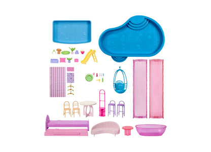 Barbie DreamHouse 3-Story Dollhouse with blue and pink pools, slides, elevator, and 65+ accessories