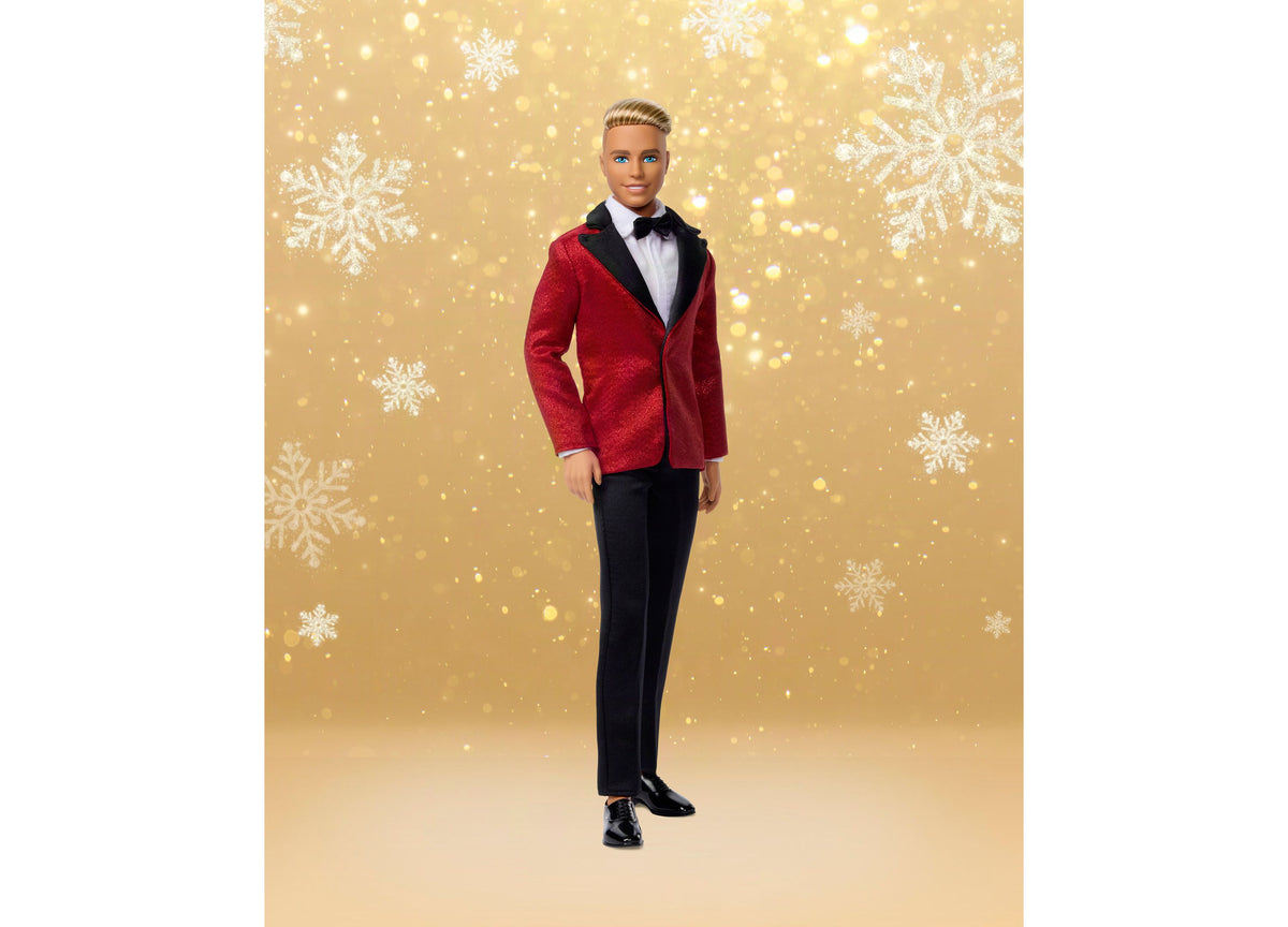 Barbie Signature 2026 Holiday Ken 13-inch collectible doll with platinum blonde hair, red velvet blazer, black pants,...